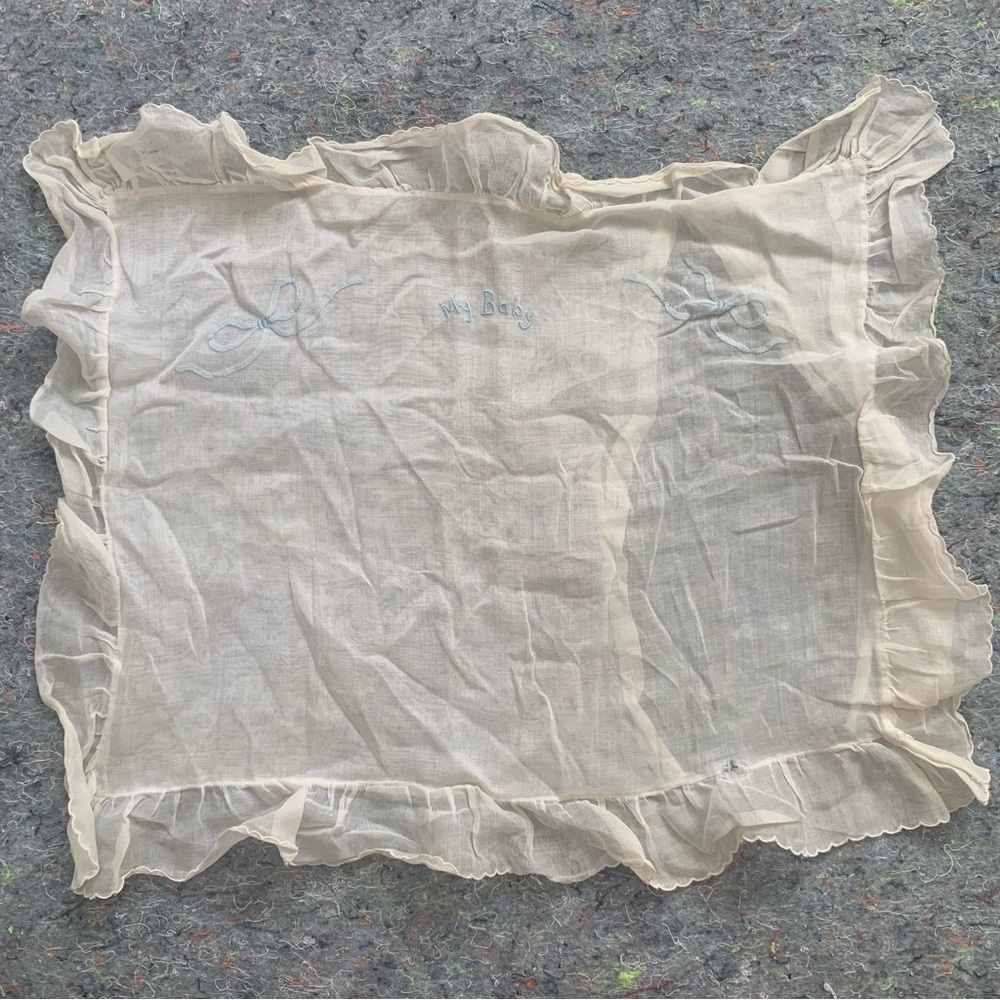 Antique Swiss white silk organza pillowcase w blue ribbon embroidery ruffle edge